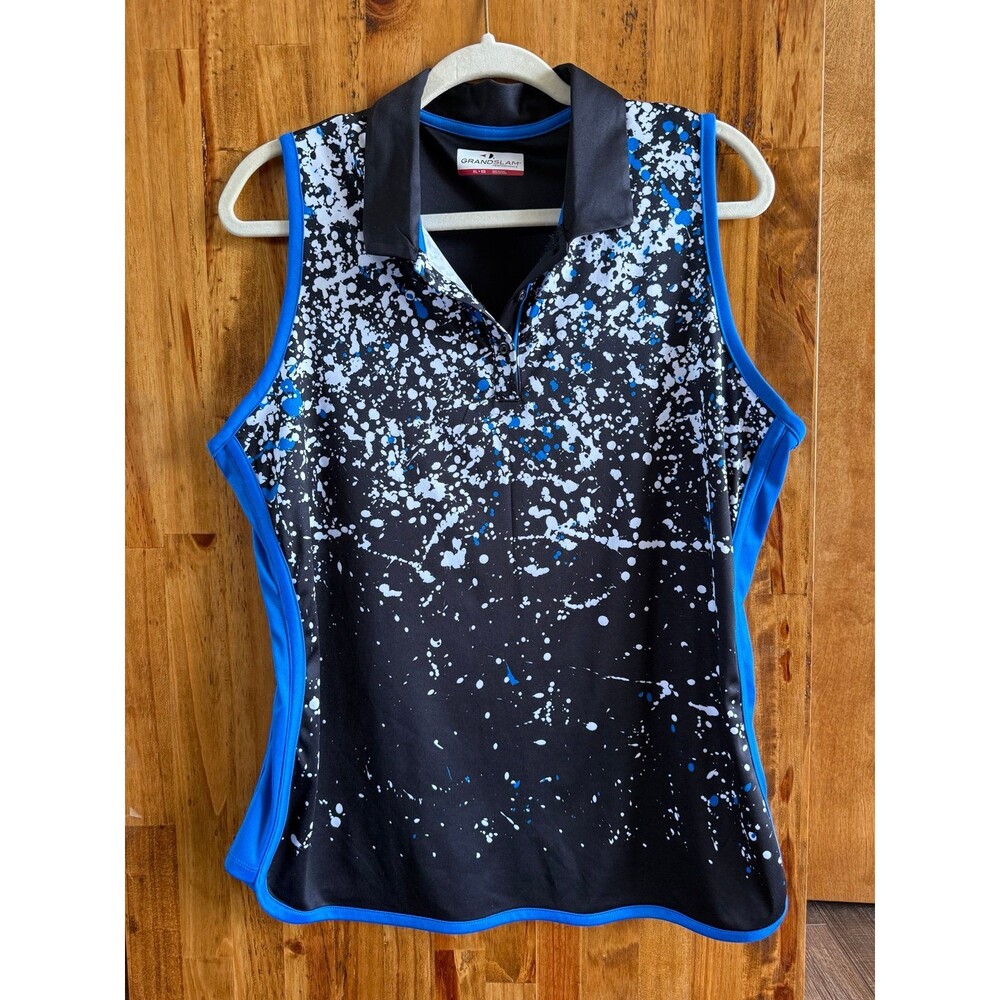 PGA TOUR/Grand Slam Splash Print Sleeveless Polo Golf Shirt Sz. XL Black & Blue